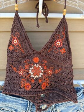 Brown Crochet Embroidered Halter Cami Top